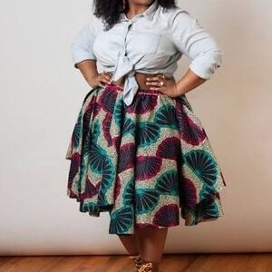 Nakimuli Asymmetrical Circle Skirt Small Teal Pink African Print Cotton Pockets